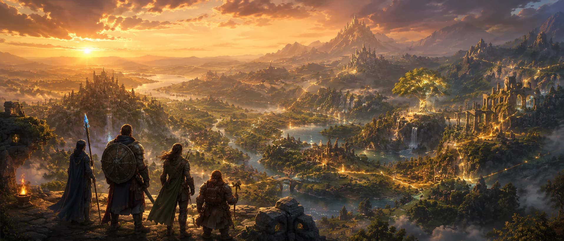 A cinematic fantasy town and castle scene used as the FableRealms hero backdrop.