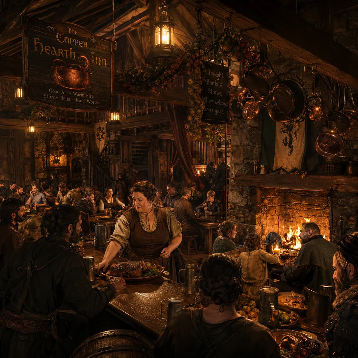 A warm candlelit tavern interior in FableRealms.
