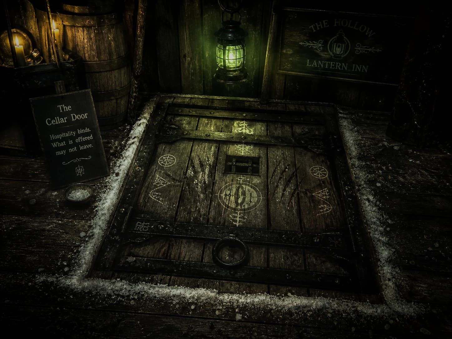 A haunted cellar door lit by a green lantern inside The Hollow Lantern Inn