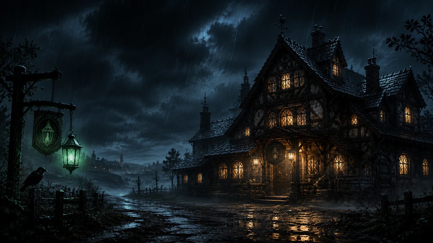 The rain-soaked Hollow Lantern Inn exterior, hinting at the horrors within.