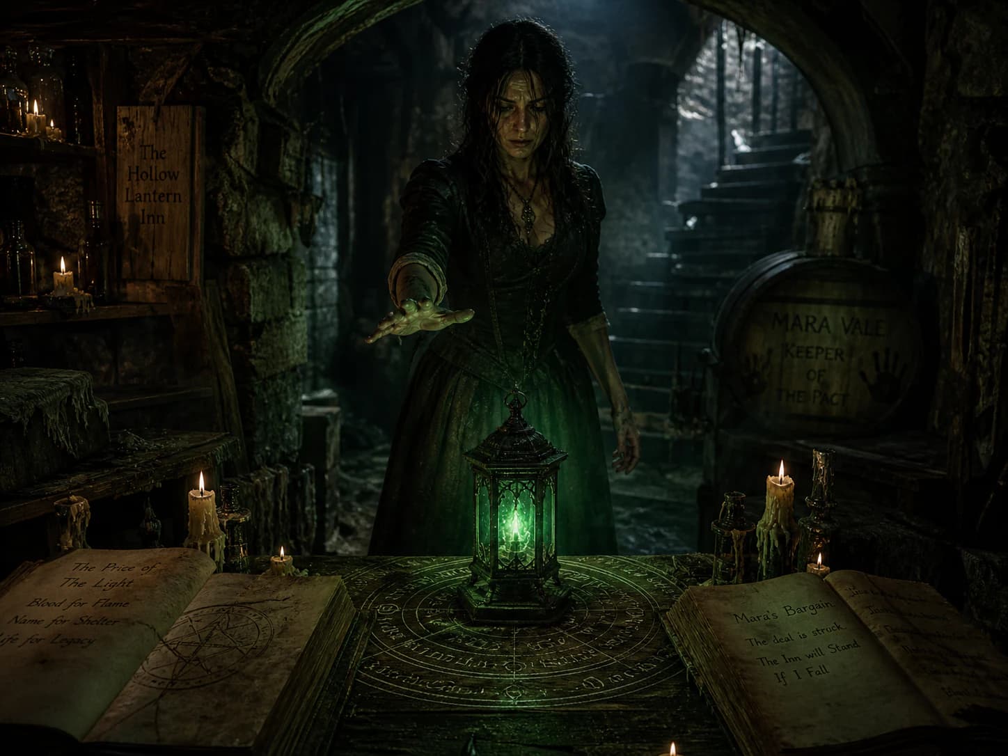 A haunting character portrait from The Hollow Lantern Inn demo campaign.